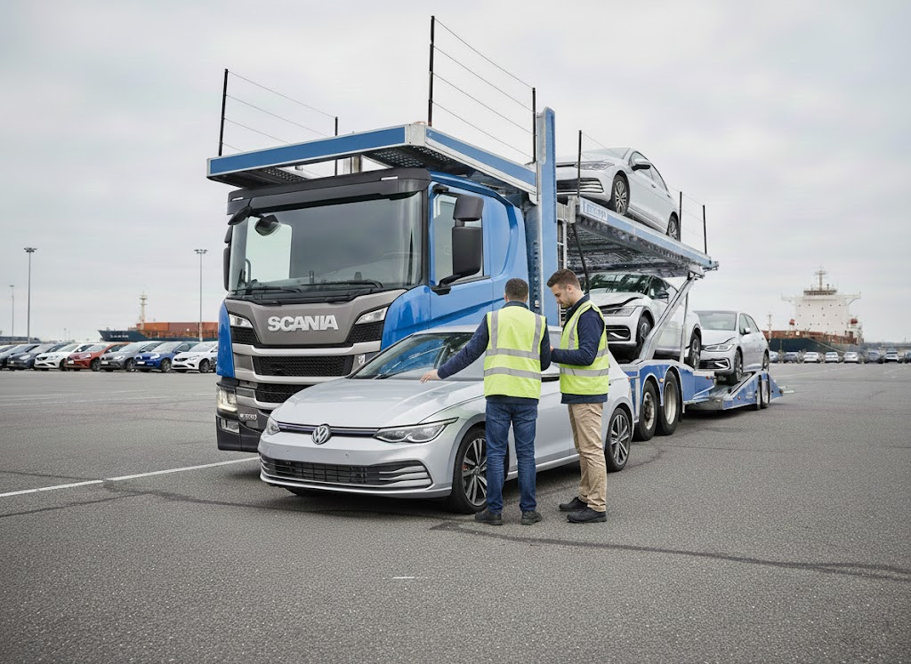 Emden Autoport unloading damaged VW Golf