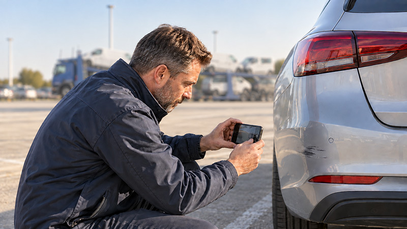 Susirūpinęs tralo vairuotojas prie automobilio apžiūri krovinio žalą