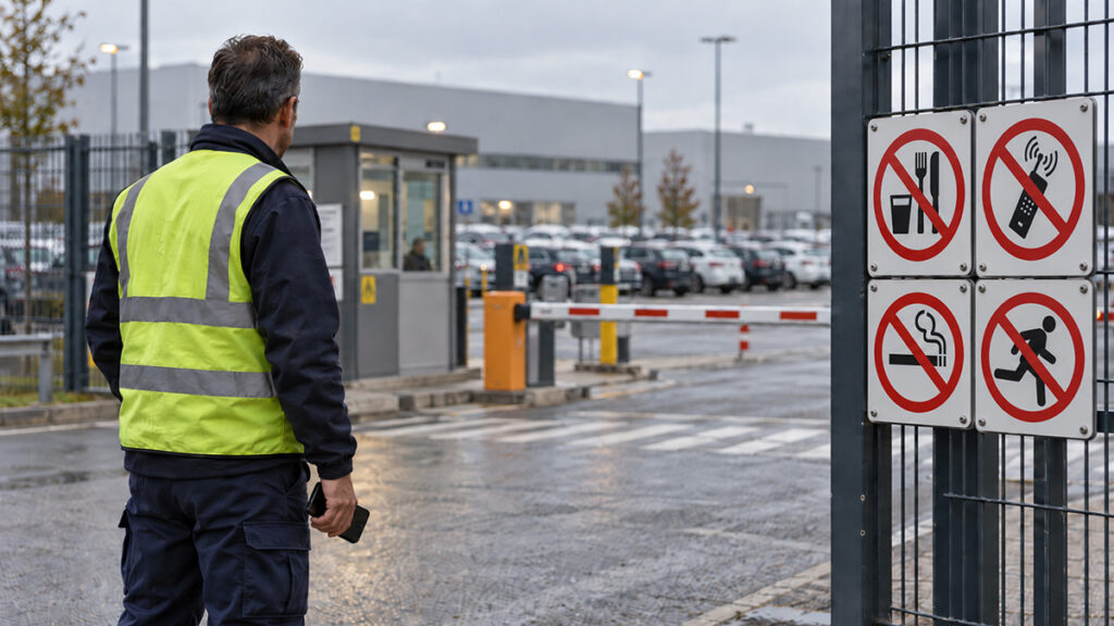 vairuotojas stovi prie Europos gamyklos vartų, kurioje žymimi ribojimai